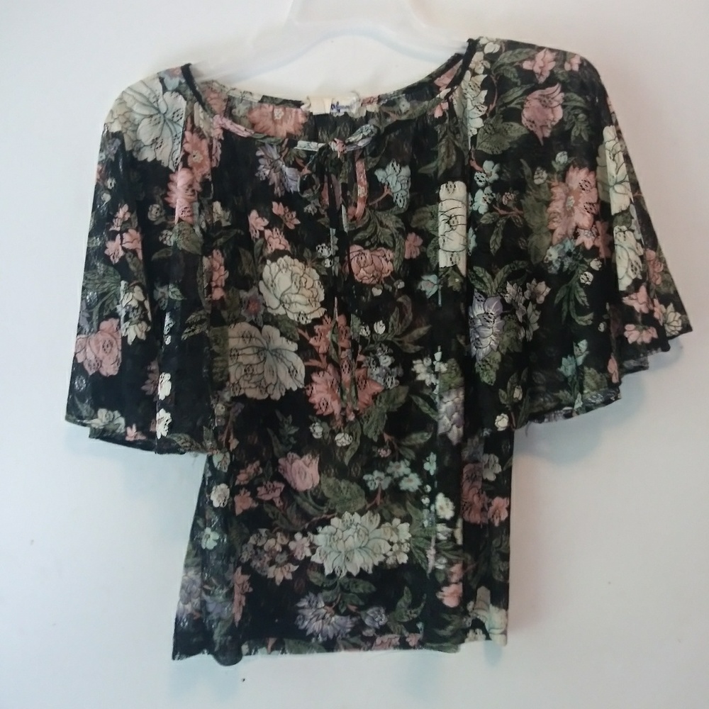 Vintage Plaza Square sheer floral blouse top sz 10